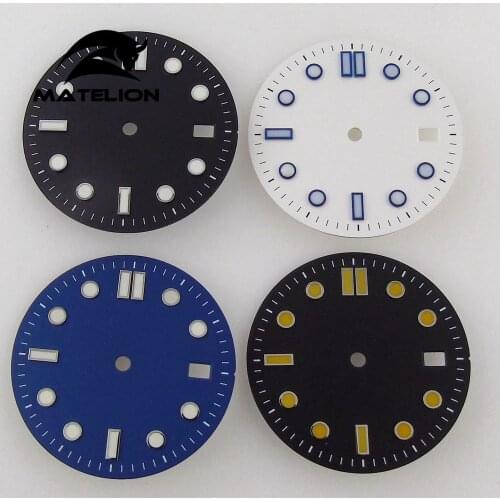 Matelion 31mm Replacements Black Blue White Watch Dial Fit For NH35A 7S26 Movement Date Window Green Lume Sterile Watch Face