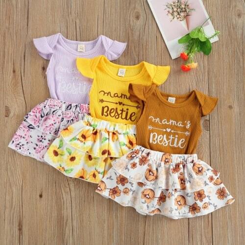 Two Piece Baby Girl’s Clothes Fresh Letter Embroidery Fly Sleeve Romper and Flower A-line Skirt