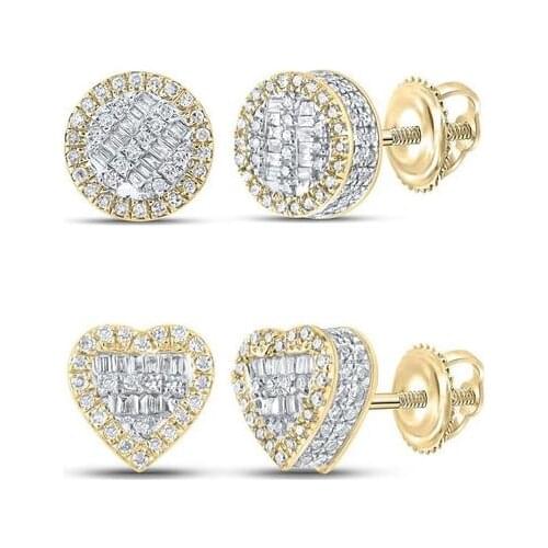 Geometric Round Heart Shaped Stud Screw Back Two Tone Gold Color Micro Pave Full CZ Iced Out Bling Earring
