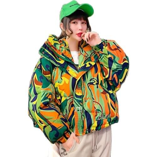Color Graffiti Printed Cotton Jackets Woman Winter 2021 Short Womens Hooded Jacket Street Fashion Plus Size Clothing Coat Women