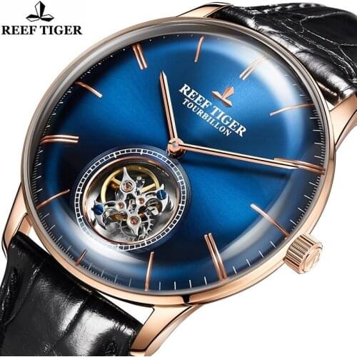 Reef Tiger/RT Original Real Tourbillon Men Business Automatic Mechanical WristWatches Sapphire Crystal Strap Relogio Masculine