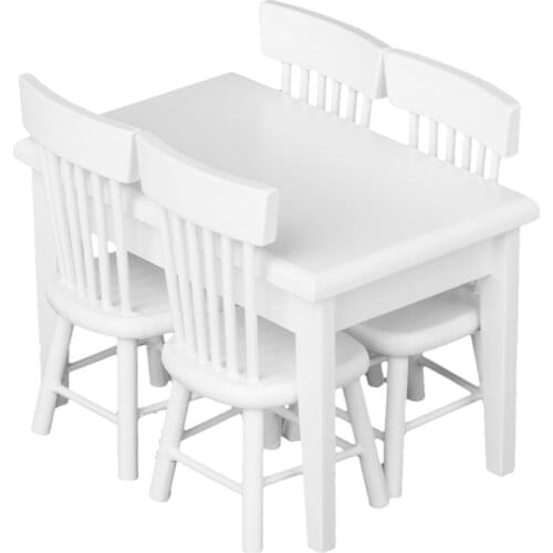 New Wooden 1:12 Dollhouse Miniature Furniture 5pcs Dining Table Chair Model Set White Classic Pretend Play Toys Furniture Toys