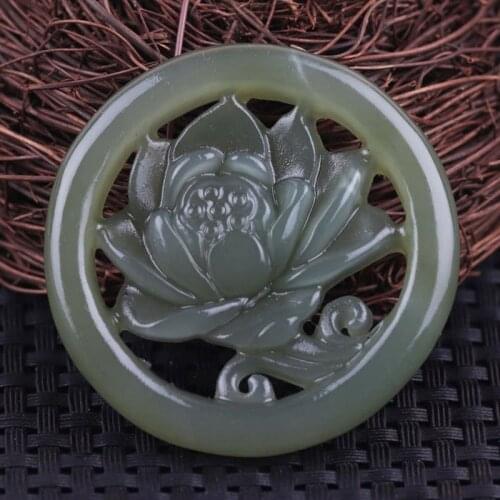 Natural hetian green jade pendant necklaces hollow lotus jade necklace brand men women jade jewelry jadeite