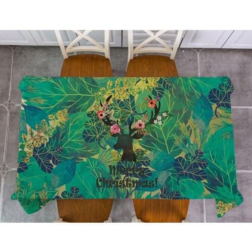 Christmas elk Santa Claus Table Cloth plant leaves Cotton Linen rectangle Tablecloth Dining Table Cover For Kitchen Decor