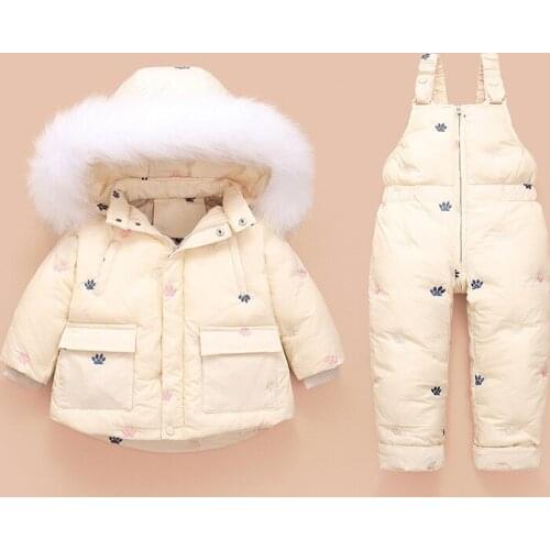 2pcs Set Baby Girl winter down jacket and jumpsuit for children Thicken Warm fur collar jacket Infant snowsuit or 0-3Years