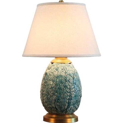 Retro Creative Mediterranean Sea Carved Blue Ceramic Fabric Led E27 Dimmer Table Lamp For Bedroom Bedside Living Room Study 1271