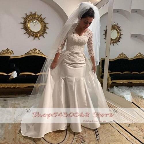 Luxury 3/4 Sleeves Lace Satin Mermaid Wedding Dresses 2020 with Detachable Appliques Sweep Train Wedding gown Bridal Gowns
