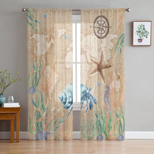 Kraft Coral Rudder Starfish Shell Sheer Curtains for Living Room Bedroom Kitchen Chiffon Tulle Curtains Home Hotel Coffee Decor