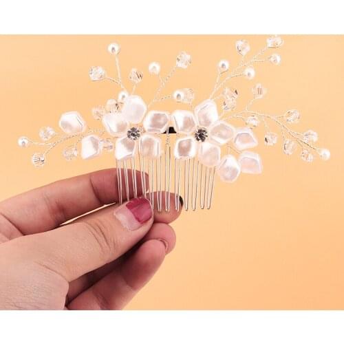 Resin Flower Hair Comb Clip Crystal Pearl Bridal Wedding Jewelry Silver Color Hair Pins for Women Accessories Bride Headpiece