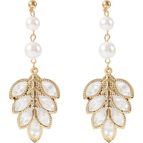 CRLEY Leaves Long Drop Earrings for Women Leaf Leaves Shape Dangle Simulated Pearl Connected Earrings Gold Silver Color Jewelry