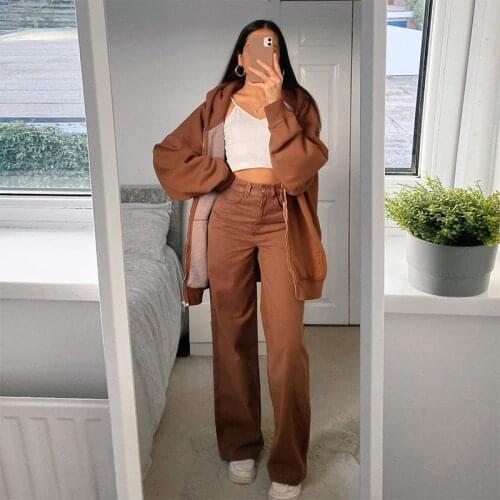 Womens High Waist Brown Jeans Streetwear Casual Fashion Long Pants DenimTrousers Upmarket For Work