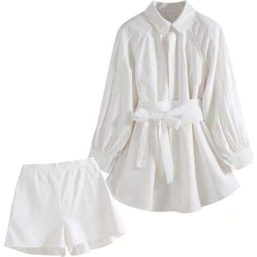 Women Korean Beach Style Suits Long Sleeve OL Sashes Lacing Bow Blouses + Shorts Women 2 Piece Set Outfits