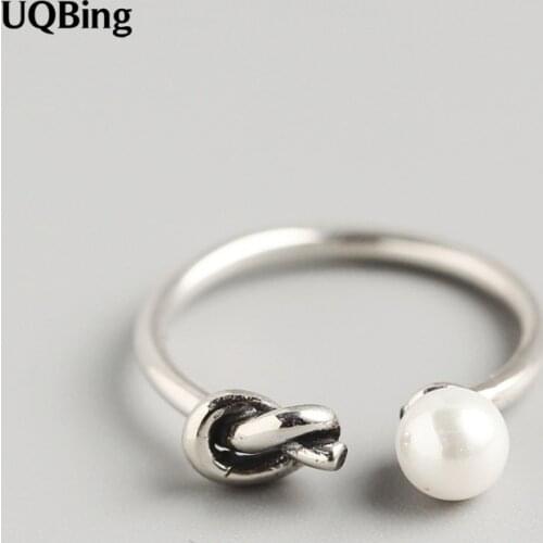 925 Sterling Silver Retro Vintage Knot Simulated Pearl Rings for Women Statement Rings Wedding Jewelry Girls Party Gifts