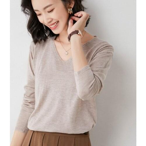 Zocept Spring Autumn V-Neck Pullover Womens Casual All-Match Wool Blend Knitted Jumper Ladies Loose Sweater Bottoming Shirt