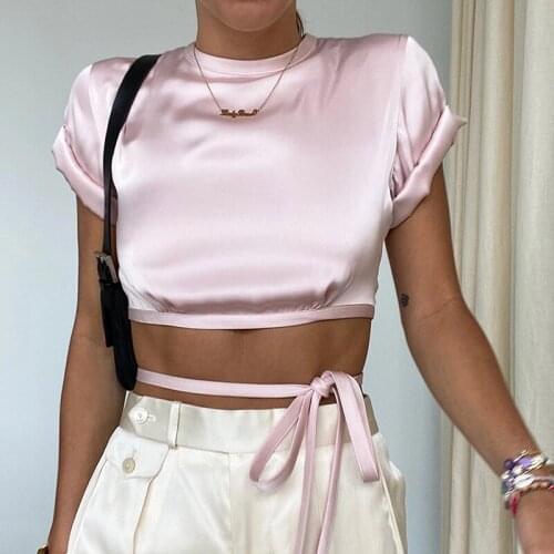 2021 Summer New Fashion Women Sexy Crop Top Short Sleeve Solid Color Tie Up T-shirt Satin Silk Crop Tops Girls Backless Sexy Top
