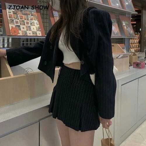 2021 CHIC Dark blue Striped Short Women Blazer Cropped High Waist Pleated Mini Skirt Long Sleeve Suits 2 Pieces Set Vintage