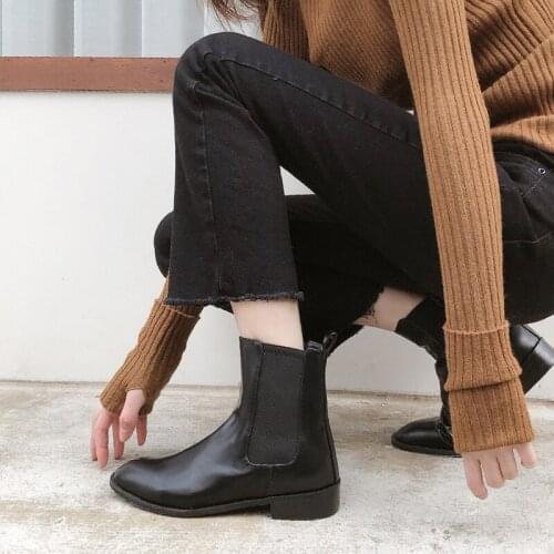 2020 Winter Boots Womens Leather Mid-heel All-match Formal wear Round Toe Shoes Ladies Size 34-42 black