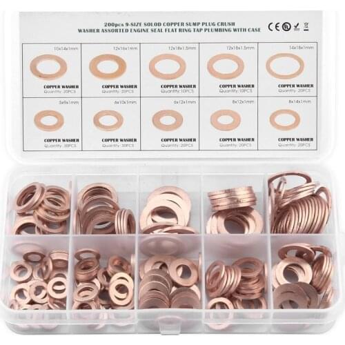 200 Pcs Copper Sealing Solid Gasket Washer Sump Plug Oil For Boat Crush Flat Seal Ring Tool Hardware M5/M6/M8/M10/M12/M14 Pack