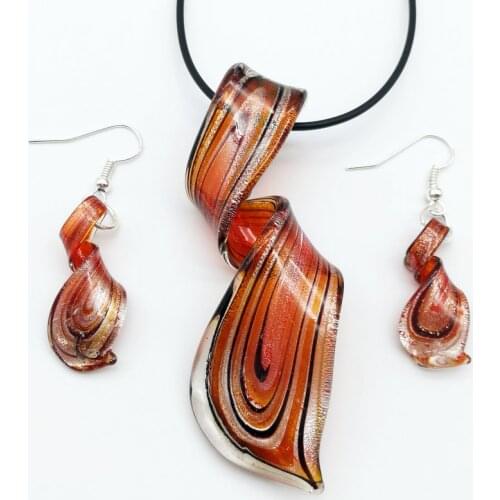 5 Sets Free Shipping Wholesale Red Twisted Lampwork Murano Glass Pendant Necklace Earrings Set