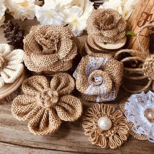 5pcs Handmade Burlap Flowers Rose Vintage Hessian Jute Party Wedding Decoration Natural Color DIY Craft Shabby Chic Flower
