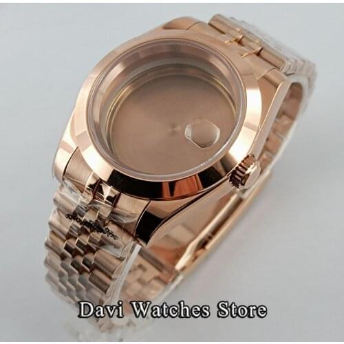 40mm Sterile Full Rose Gold Watch Case Sapphire Glass Magnifier Jubilee Bracelet Fit NH35 NH36 Automatic Movement Watch Parts