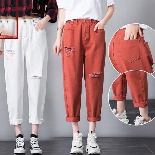 Pant Women hole rotten casual Ankle-Length Pants loose candy color Denim Harem pants high waist feet Boyfriend Jeans harem pants