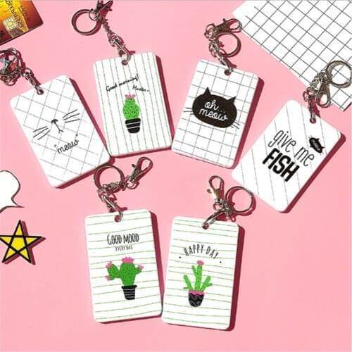 1PCS Student Cute Cartoon Cactus Cat Bus Office ID Card Cover Holder Case Keyring Keychain