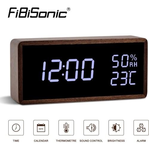 FiBiSonic Modern Digital LED Alarm Clock Sound Control Wooden Despertador Desktop Clock Humidity Temperature Display Clock