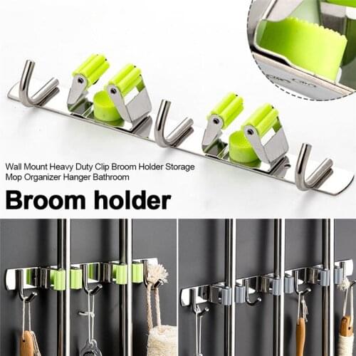 Broom Holder Wall Mount Hook Heavy Duty Practical Clip Mop Organizer Stainless Steel Storage Space Saving Hanger Multifunctional