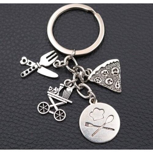 Delicious Pizza Metal Keychain, Double Wheel Send The Dining Car Charm, Cutlery Charms, Baking Tags Charm, Silver Plated 1pcs