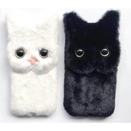 For Oppo A15 6.52inch Girls Exclusive Cute Animal Phone Bag Plush Cat Case Pure Colour Winter Warm Furry Fluffy Silicone Cover