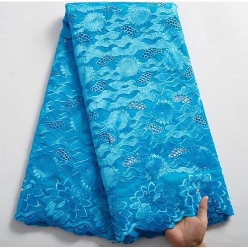 SJD LACE Blue African Cotton Lace Dubai Swiss Cotton Voile Fabric Wedding Sewing Embroidery Fabric For Women Dresses Party A2493