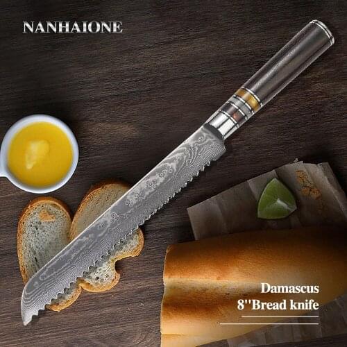 8" Bread Slicing Knife Japanese VG10 Steel Blade Damascus Kitchen Knives Color Wood Handle Chef Breakfast Slicer Cutter