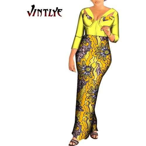African Print Clothes for Women Dashiki Ankara Print Ladys Attire Traditioanl Wedding Dresses Sexy Halter V-neck Dress WY8940