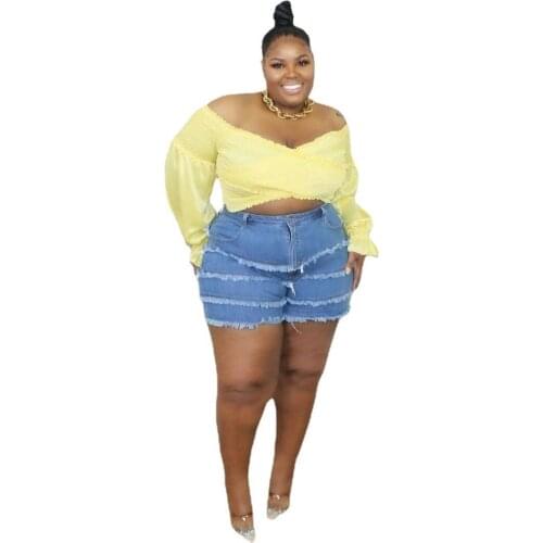 Wholesale XL-5XL Oversize Womens Multi-layer Edging Jeans Denim Shorts Color Matching High Waist Shorts Feminino Hot Pants