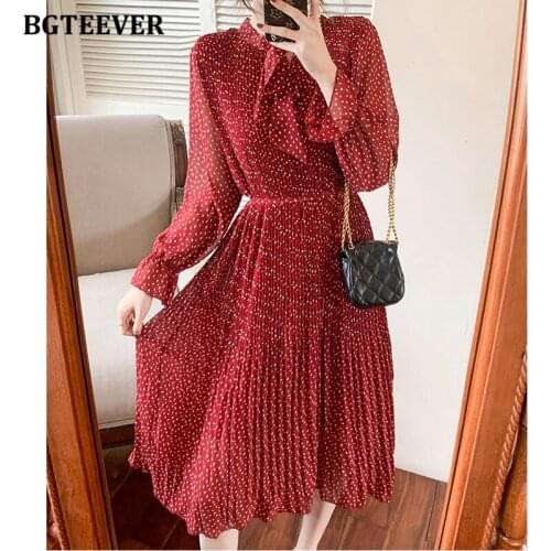 BGTEEVER Elegant Bow Neck Women Polka Dots Print Chiffon Dress 2021 New Spring Long Sleeve Slim Waist Female Pleated Dress