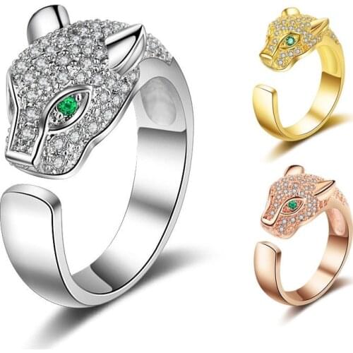 Luxury Silver Color Leopard Head Wedding Rings for Women Full Zircon Animal Line Minimalist Engagement Ring Adjustable Jewelry