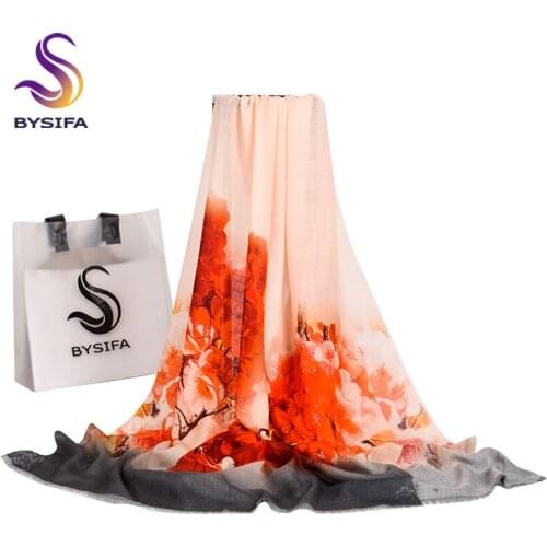 [BYSIFA] 100% Wool Scarves Pashmina Foulard Women Fashion Beige Grey Cashmere Scarves Winter Ladies Long Scarf Shawl 190*75cm