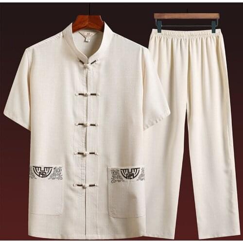 Traditional Chinese Clothing Set for Men Adult Tai Chi Kung Fu Uniforms Linen Short Sleeve Embroidery Casual Chinese Costumes