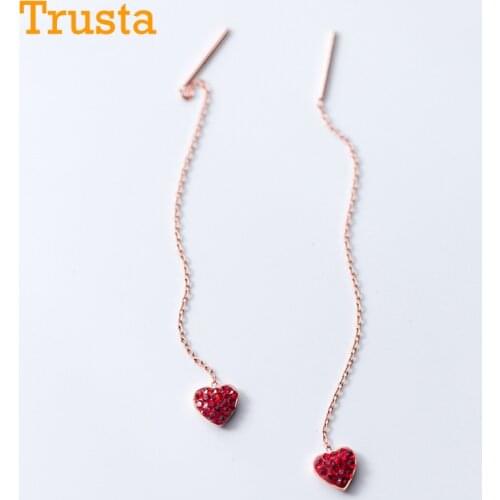 Trustdavis Genuine Minimalist 925 Sterling Silver Sweet Tassel Chain Red Heart CZ Drop Earring For Women Wedding Jewelry DA1041