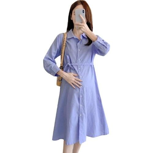 Currently Available Maternity Dress 2020 Autumn New Style Shirt Fashion Mid-length Large Size Nursing A- line Skirt