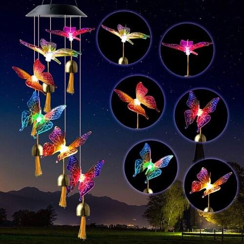 Color Changing Solar Power Wind Chime Crystal Butterfly Waterproof Outdoor Windchime Light for Patio Yard Garde Solar Lamp Decor