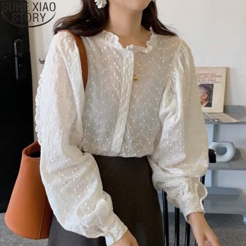 Women Cotton Shirts See Through Korean Fashion Hollow Out Blouse Sweet Casual White Shirts and Blouse 2021 Autumn Tops 10970