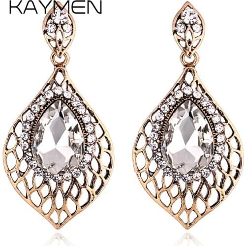 KAYMEN New Fashion Womens Leaf Shape Vintage Earrings Inlaid Rhinestones Antique-Golden Statement Drop Dangle Earrings Jewelry