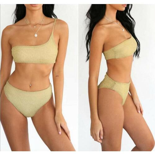 Womens Shiny Bikini Set Off Shoulder Solid Color Push-Up Padded Bra Thongs Swimwear Female Brazlian Bathing Suit Summer Biquini