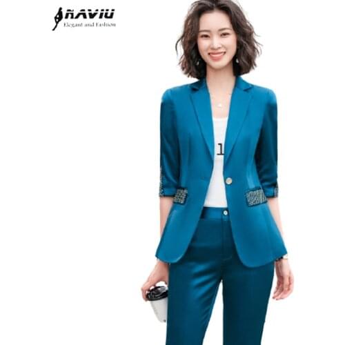 Blue Pants Suit Women 2020 New Top High Quality Satin Half Sleeve Blazer and Trousers Office Ladies Business Work Wear