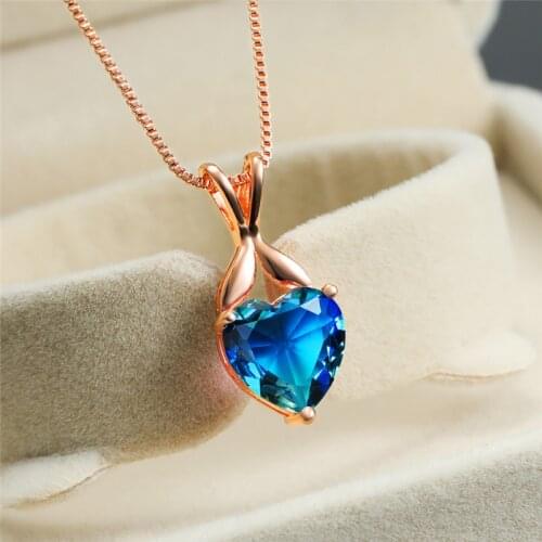 Cute Heart Rainbow Gradient Zircon Pendant Necklaces For Women Vintage Fashion Rose Gold Color Chain Necklace Multicolor Jewelry