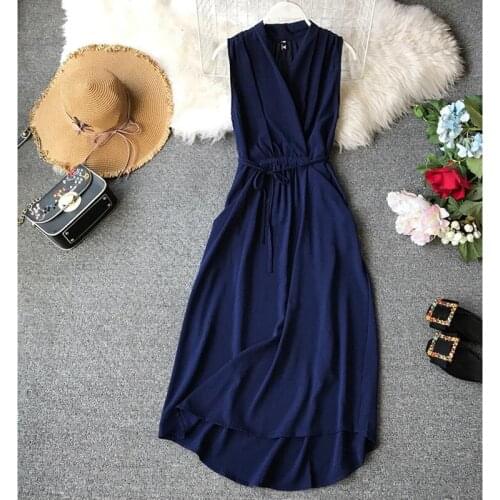 Sleeveless Sexy Dress 2020 Korean version Women Summer Chiffon Dresses V-Neck Slim Solid Party Beach Dress Elegant Vestidos