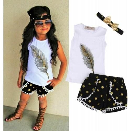 Kids Baby Girls Outfits Sleeveless Feather Vest Tops+Tassels Shorts Bottom+Headband Clothes