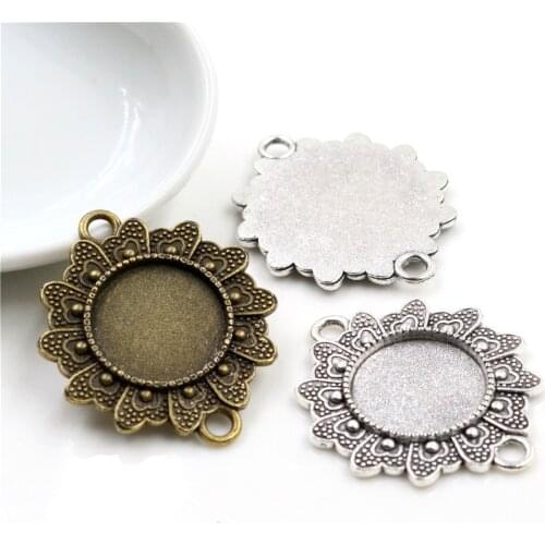 10pcs 16mm Inner Size Antique Bronze Silver Plated Flower Connection Style Cabochon Base Cameo Setting Charms Pendant